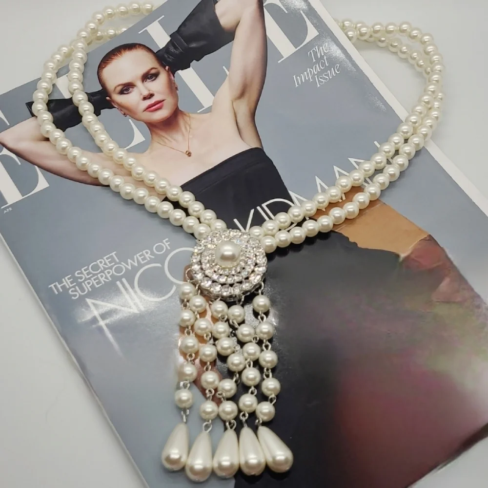NWT Pearl Crystal Tassel Art Deco Silver Necklace & Earrings Set